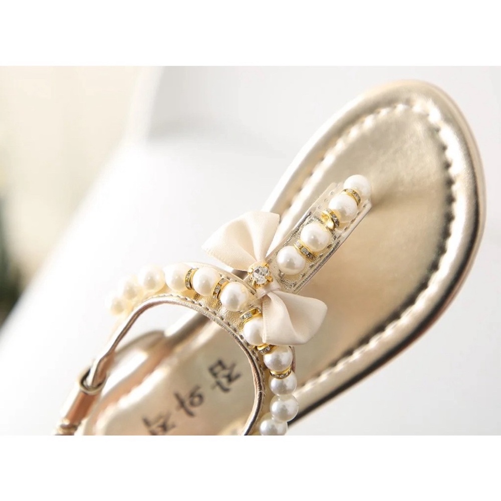 🆕 Girl’s Gold Bowknot Pearl Princess Sandals - Picture 3 of 11